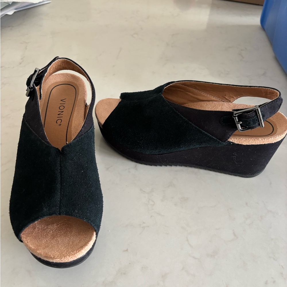 New Vionic Black Suede Open-Toe Slingback Wedge Sandals